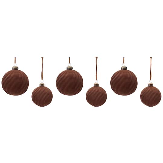 Melrose Brown Flocked Ribbed Glass Ball Ornament Set